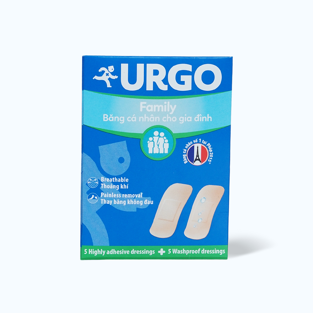 Băng cá nhân gia đình URGO Family cho vết thương nhỏ (5 miếng độ dính cao & 5 miếng ít thấm nước)