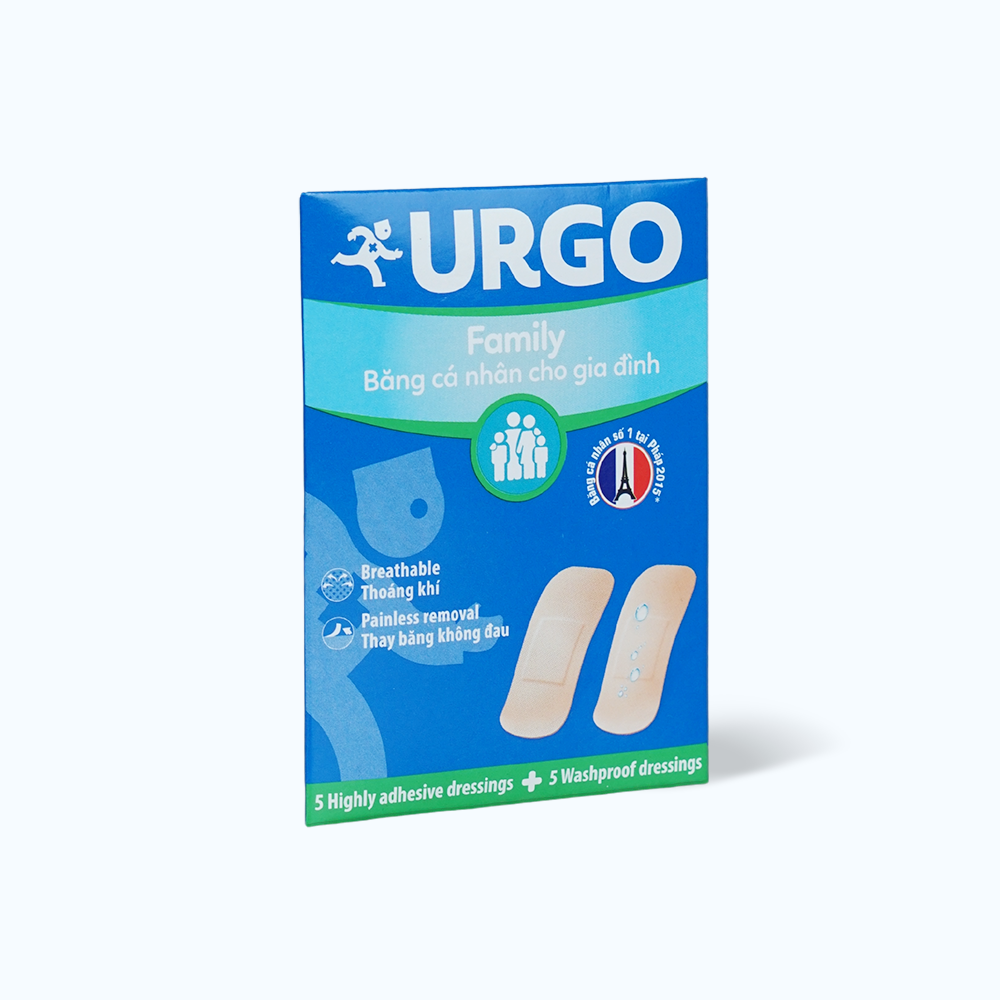 Băng cá nhân cho gia đình URGO Family bảo vệ vết thương nhỏ 2 size (Gói 5 miếng độ dính cao & 5 miếng ít thấm nước)