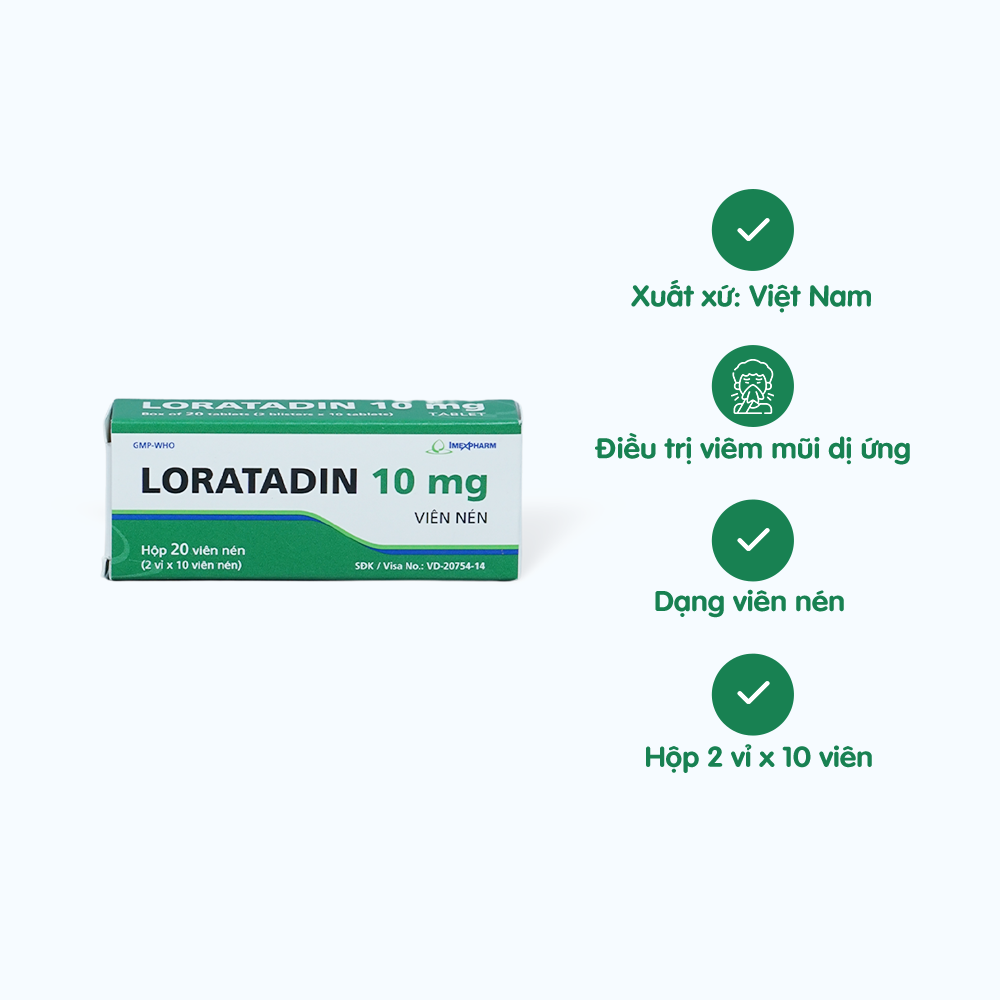 Viên nén Loratadin Imexpharm 10mg trị viêm mũi dị ứng, mày đay, ngứa (2 vỉ x10 viên)