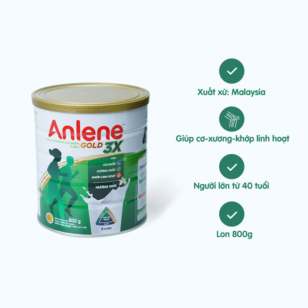 Sữa bột dinh dưỡng ANLENE GOLD 3X tăng cường sức khỏe cơ-xương-khớp cho người trên 40 tuổi ( 800g)