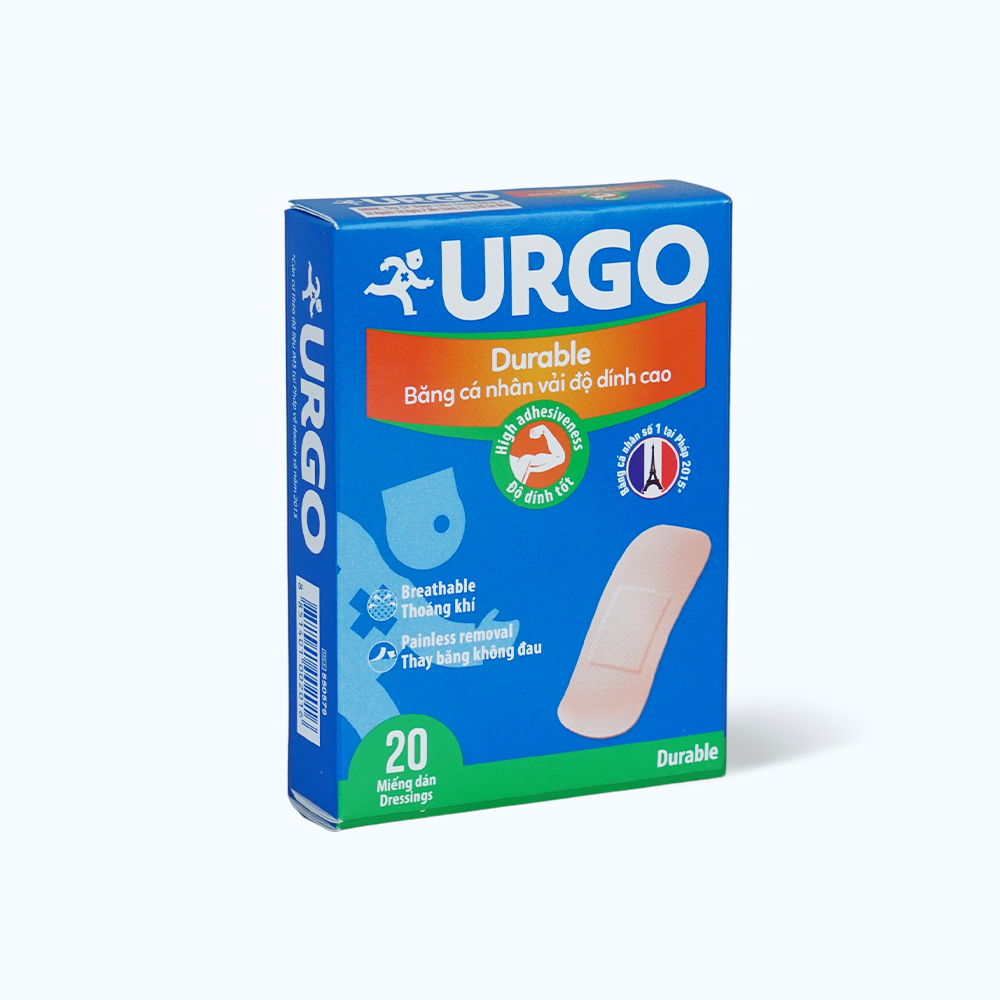 Băng cá nhân vải độ dính cao URGO Durable bảo vệ vết thương nhỏ 2cm x 6cm (Hộp 20 miếng)