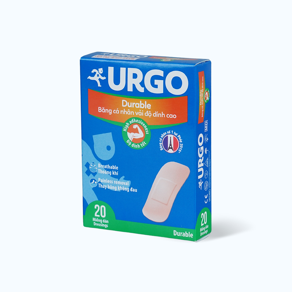 Băng cá nhân vải độ dính cao URGO Durable bảo vệ vết thương nhỏ 2cm x 6cm (Hộp 20 miếng)