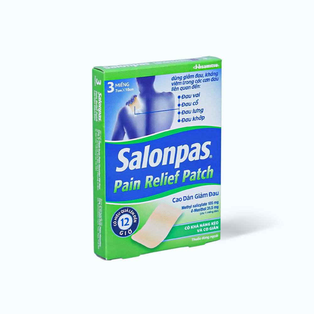 Cao dán Salonpas Pain Relief Patch 7cmx10cm giảm đau vai, đau cổ, đau lưng, đau khớp (hộp 3 miếng)