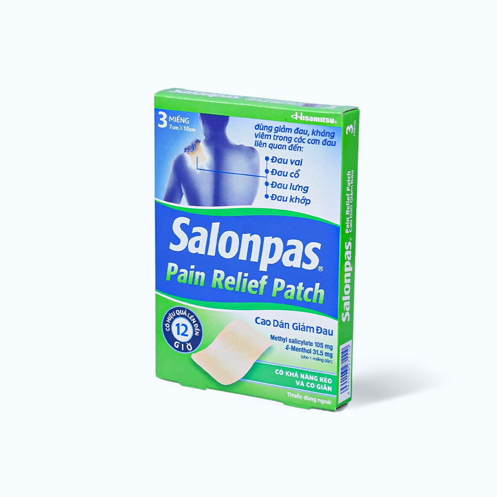 Cao dán Salonpas Pain Relief Patch 7cmx10cm giảm đau vai, đau cổ, đau lưng, đau khớp (hộp 3 miếng)