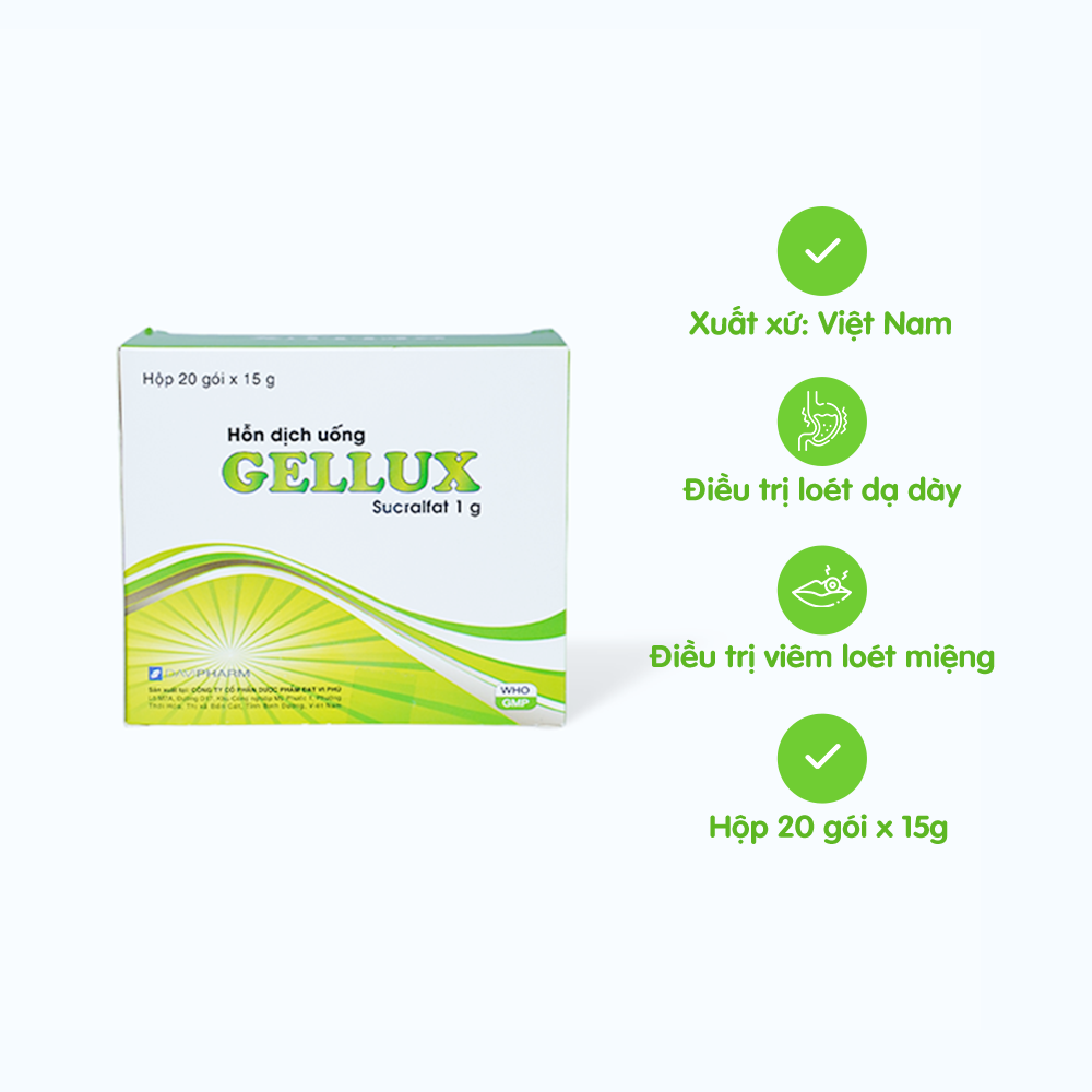 Hỗn dịch uống Gellux 15g trị viêm loét dạ dày, tá tràng trào ngược dạ dày thực quản (20 gói x 15g)