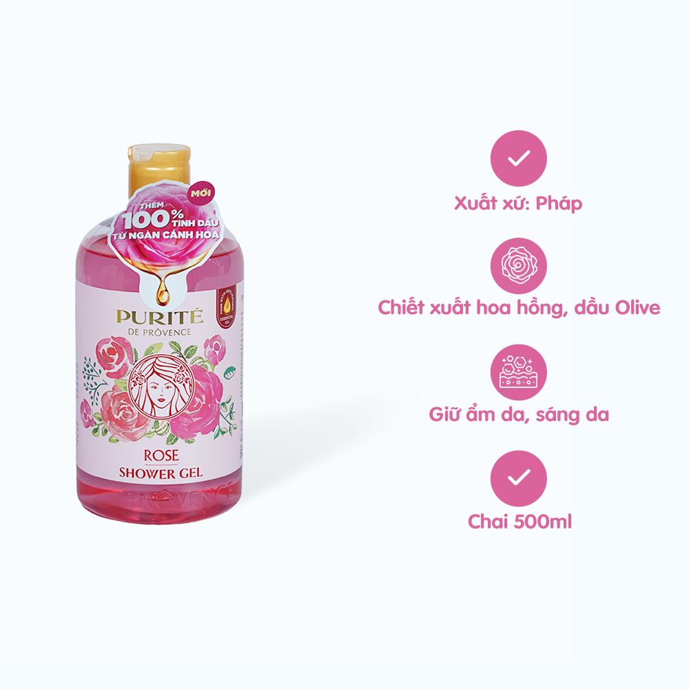 Sữa Tắm PURITE Rose Hương Hoa Hồng giúp giữ ẩm da, sáng da (chai 500ml)