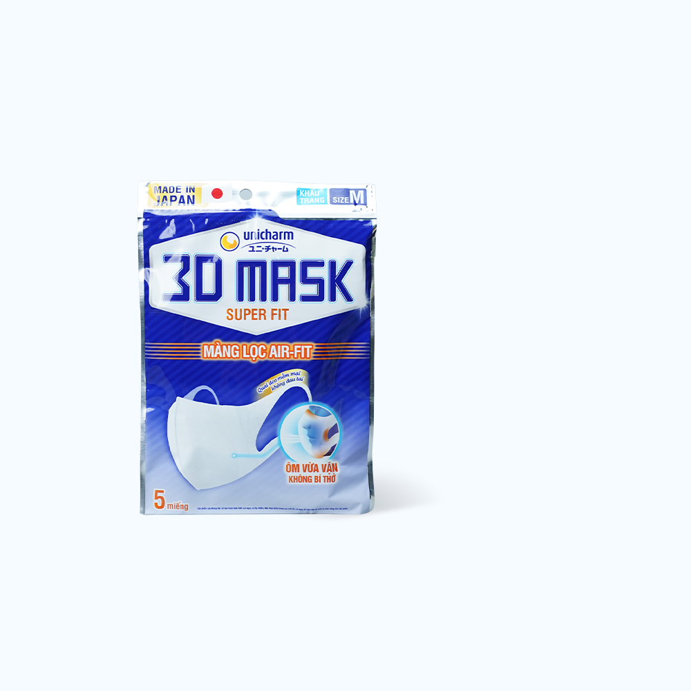Khẩu trang UNICHARM 3D Mask Super Fit size M với màng lọc Air-Fit ngăn khói bụi (Gói 5 Cái)
