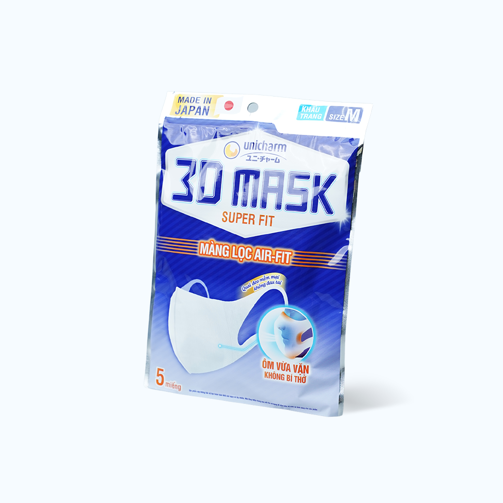 Khẩu trang UNICHARM 3D Mask Super Fit size M với màng lọc Air-Fit ngăn khói bụi (Gói 5 Cái)