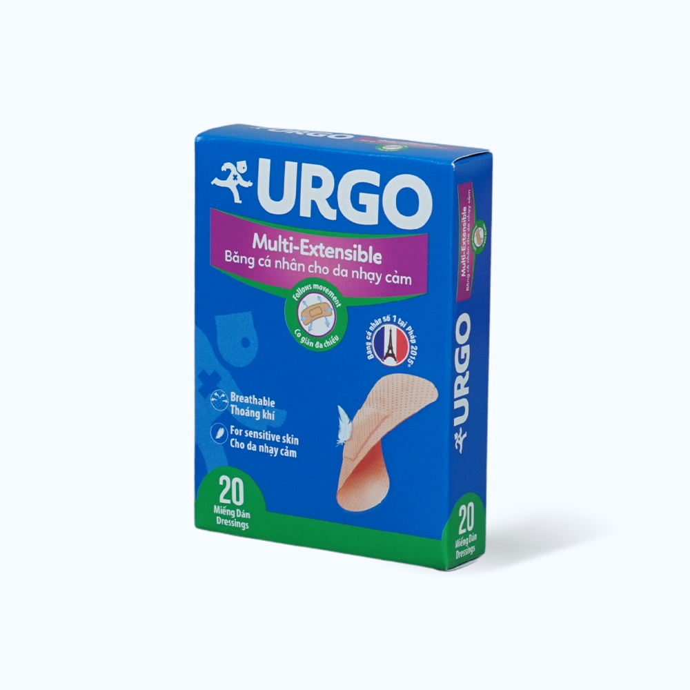 Băng cá nhân dành cho da nhạy cảm URGO Multi-Extensible bảo vệ vết thương nhỏ 2cm x 7.2cm (20 miếng)