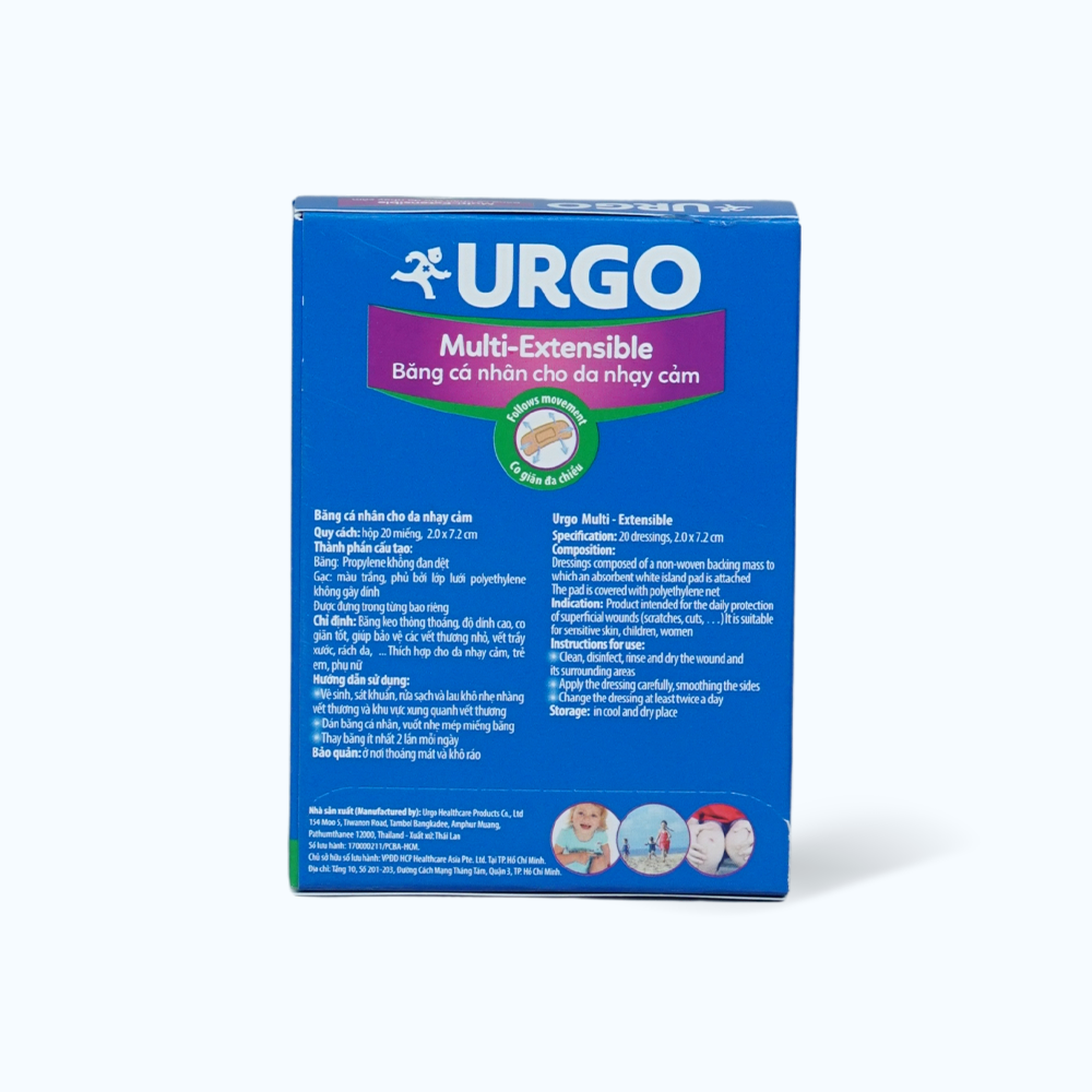 Băng cá nhân dành cho da nhạy cảm URGO Multi-Extensible bảo vệ vết thương nhỏ 2cm x 7.2cm (20 miếng)