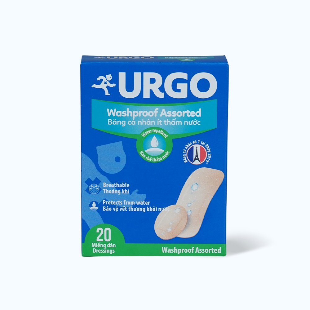 Băng cá nhân ít thấm nước URGO Washproof Assorted bảo vệ vết thương khỏi nước 4 size (Hộp 20 miếng)