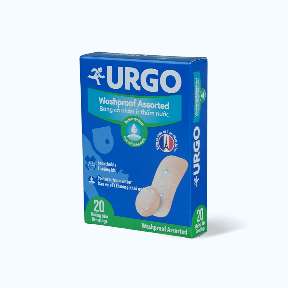 Băng cá nhân ít thấm nước URGO Washproof Assorted bảo vệ vết thương khỏi nước 4 size (Hộp 20 miếng)