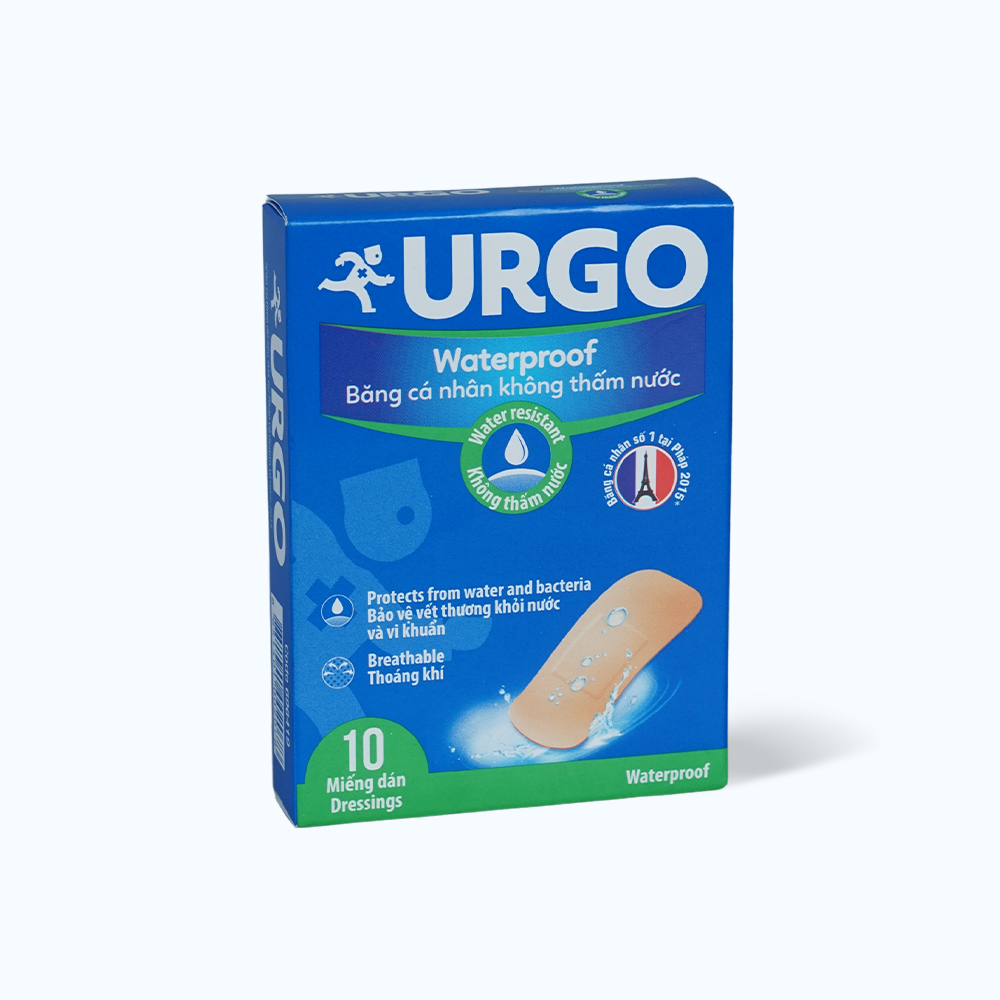 Băng cá nhân không thấm nước URGO Waterproof bảo vệ vết thương khỏi nước và vi khuẩn (Hộp 10 miếng)