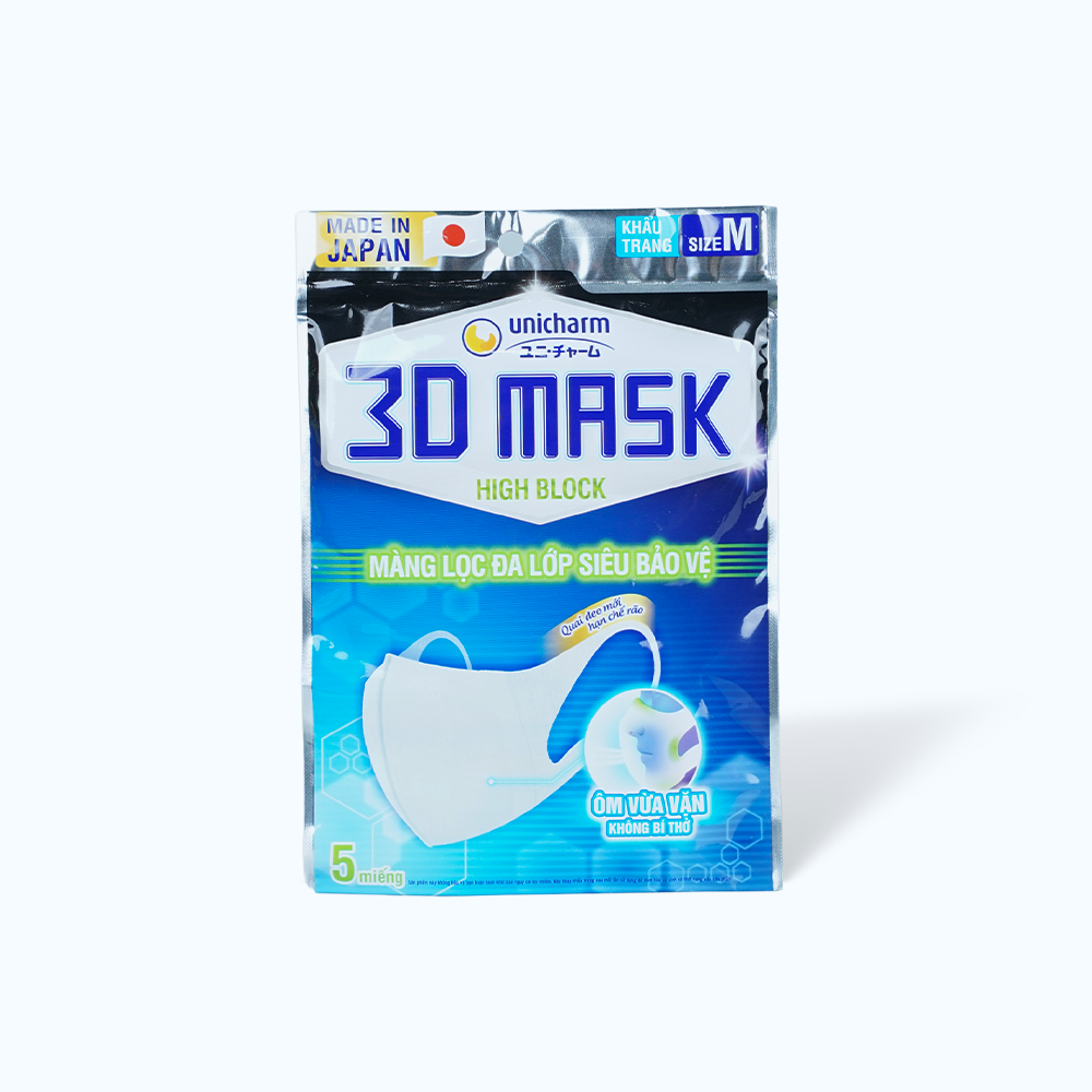 Khẩu trang UNICHARM 3D Mask High Block size M với màng lọc đa lớp siêu bảo vệ ngăn khói bụi (5 cái)