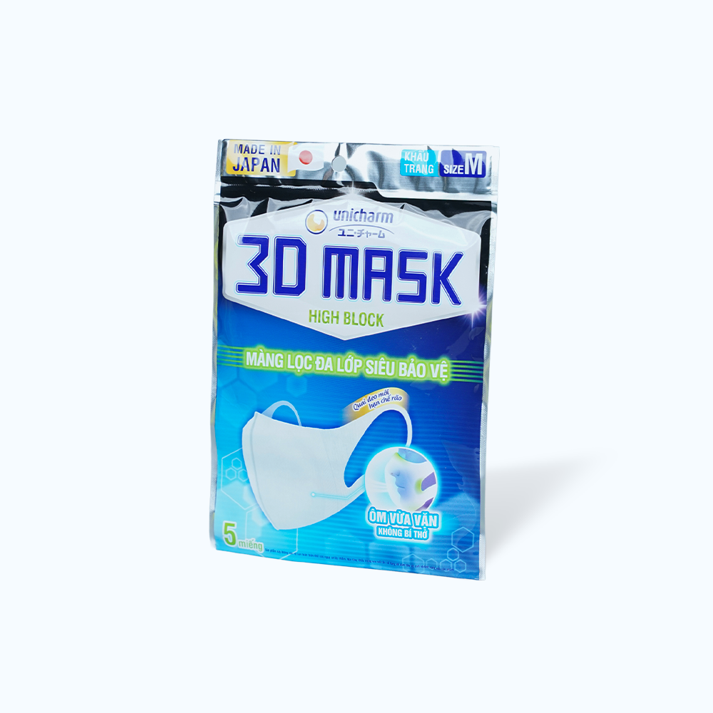 Khẩu trang UNICHARM 3D Mask High Block size M với màng lọc đa lớp siêu bảo vệ ngăn khói bụi (5 cái)