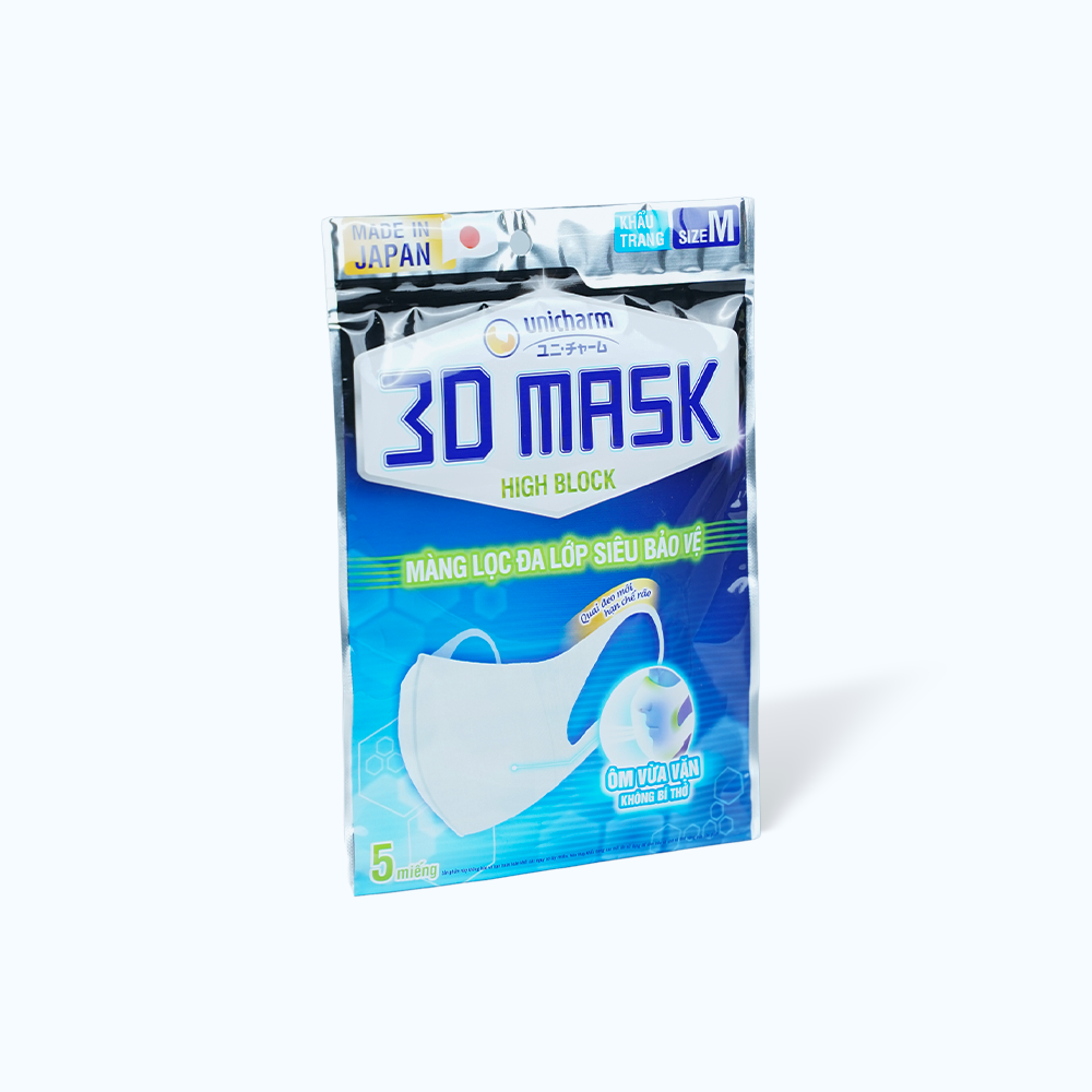 Khẩu trang UNICHARM 3D Mask High Block size M với màng lọc đa lớp siêu bảo vệ ngăn khói bụi (5 cái)