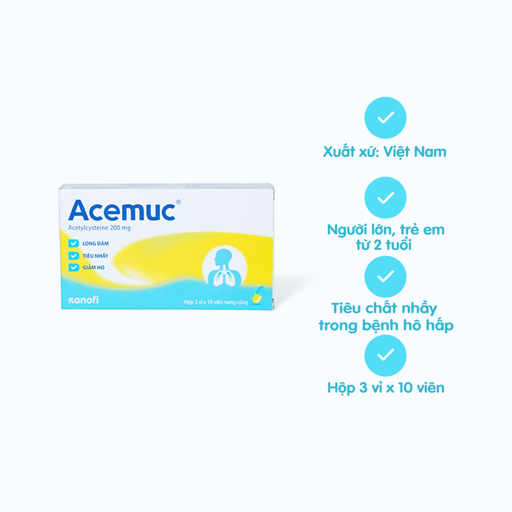 Viên nang Acemuc 200mg tiêu nhầy, loãng đàm, giảm ho (3 vỉ x 10 viên)