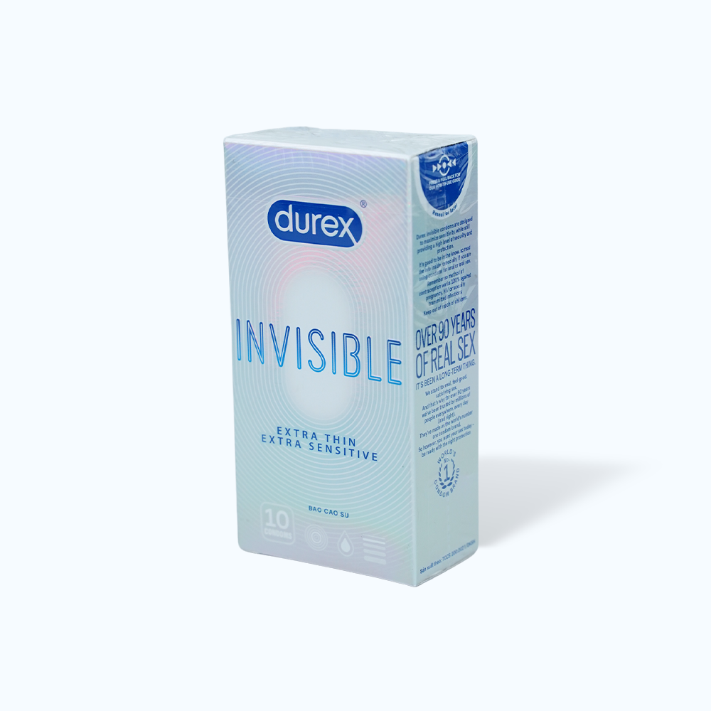 Bao cao su DUREX Invisible Extra Thin Extra Sensitive siêu mỏng, vừa vặn và ôm sát (hộp 10 cái)