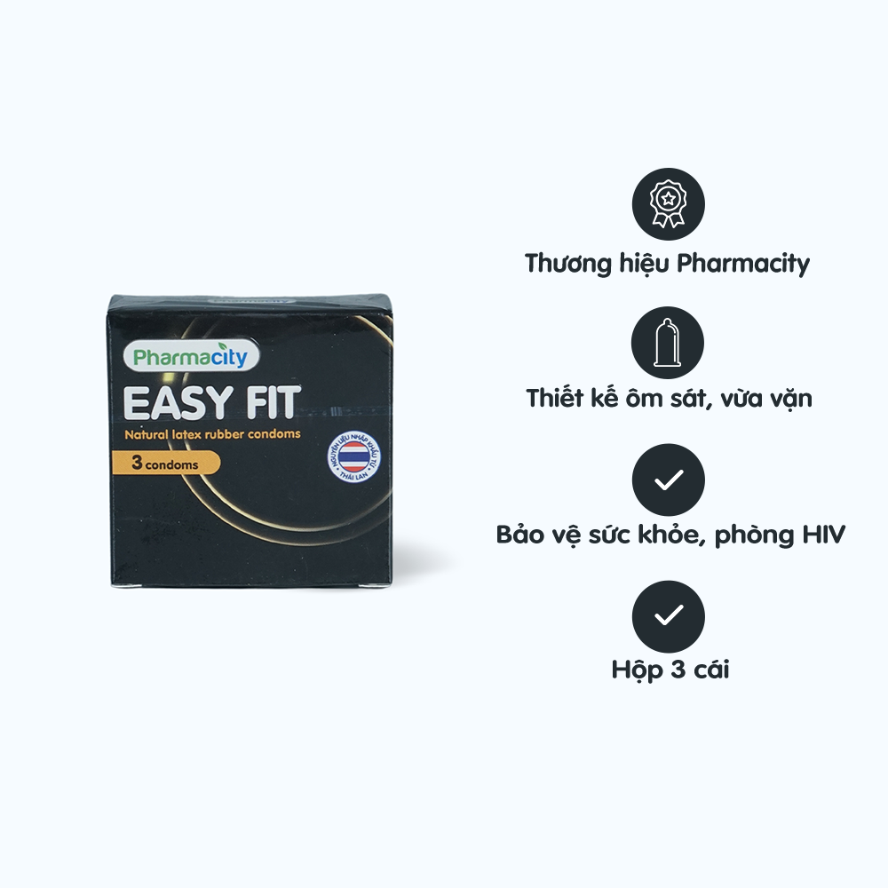 Bao Cao Su Pharmacity Easy Fit thiết kế ôm sát vừa vặn (3 cái/hộp)