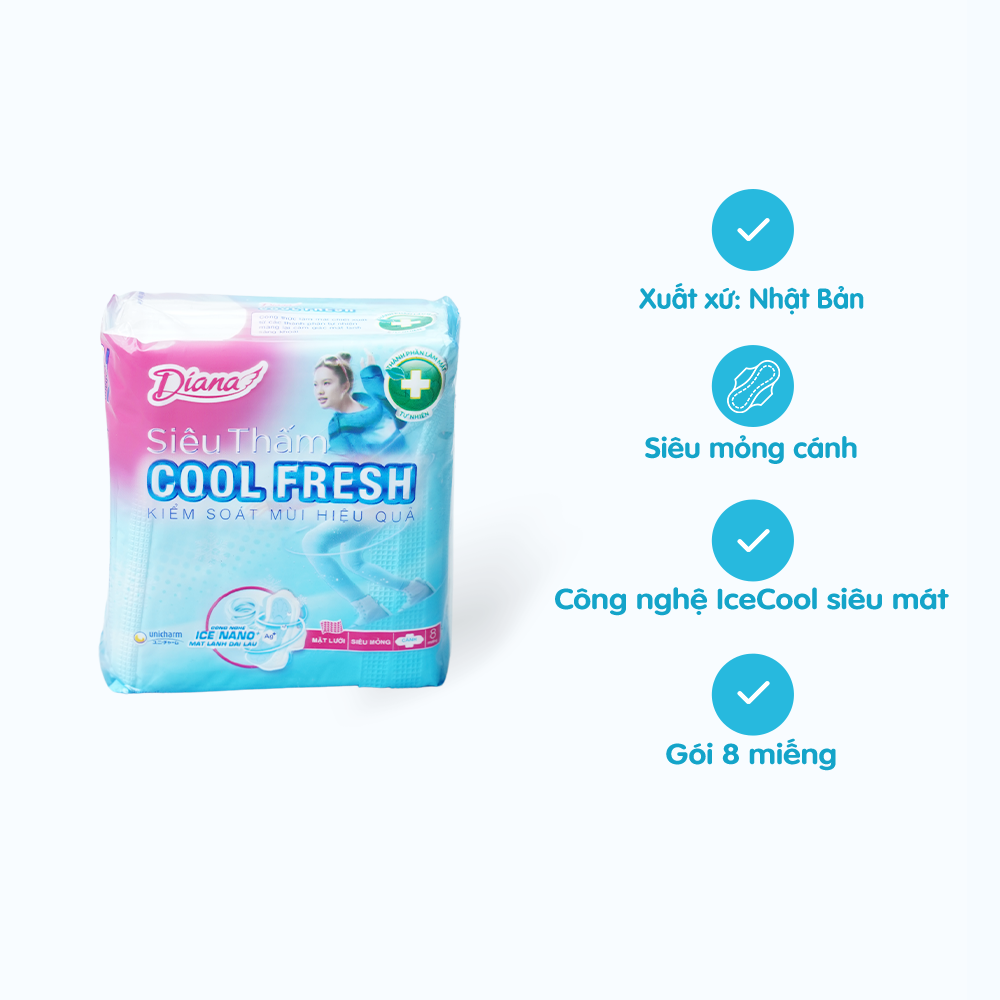 Băng vệ sinh Diana Sensi Cool Fresh Siêu thấm có cánh 23cm (8 miếng)