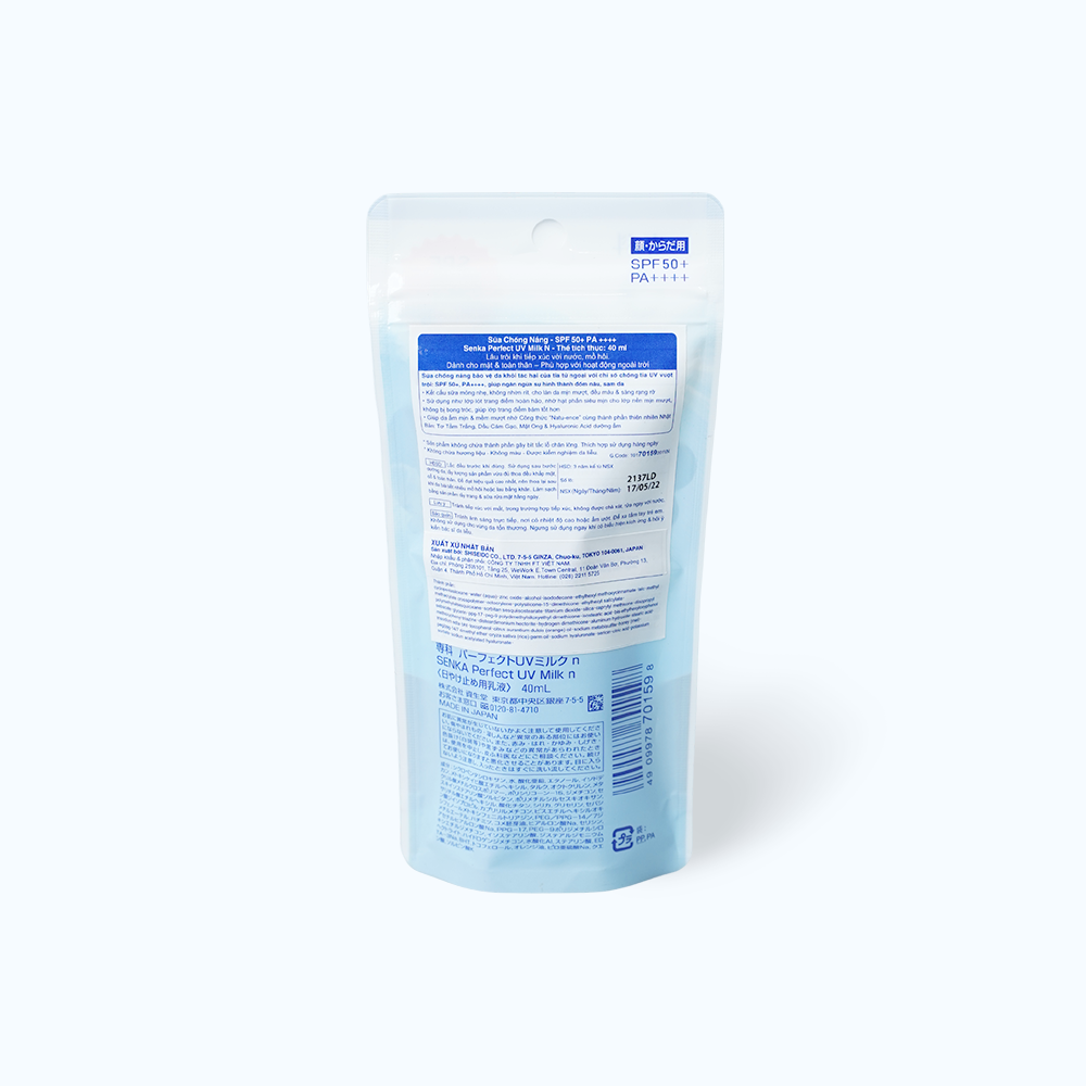Sữa Chống Nắng SENKA Perfect UV Bảo Vệ Da Khỏi Tác Hại Của Tia UV SPF50+ PA++++ (Chai 40g)