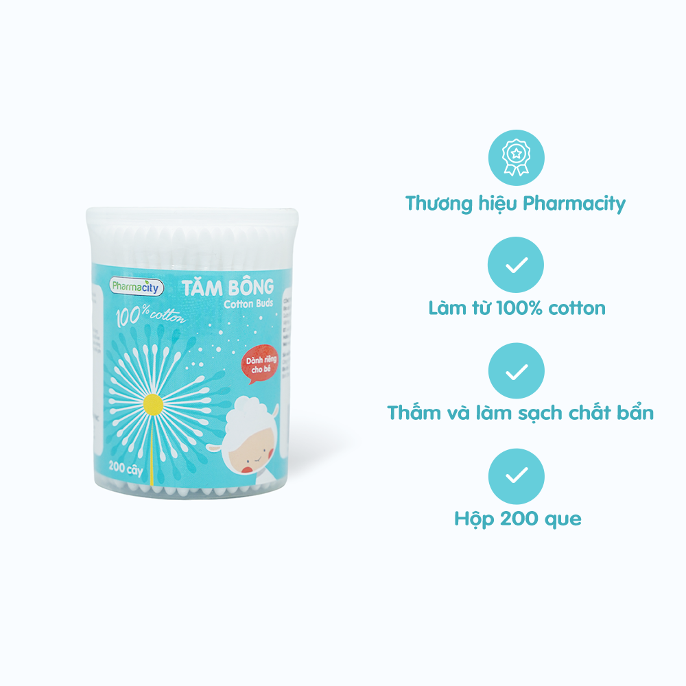 Tăm bông trẻ em thân nhựa Pharmacity (200 cây/hộp)