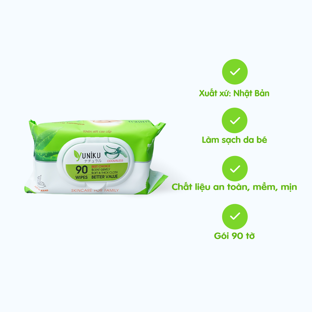 Khăn ướt không mùi Yuniku Aloe Vera (90 tờ/gói)