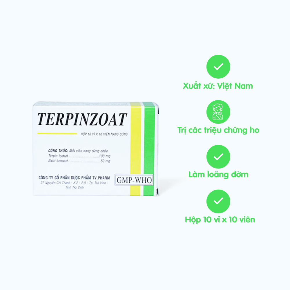 Viên nang Terpinzoat 100mg/50mg trị ho, long đờm trong viêm phế quản cấp, mãn tính (10 vỉ x 10 viên)