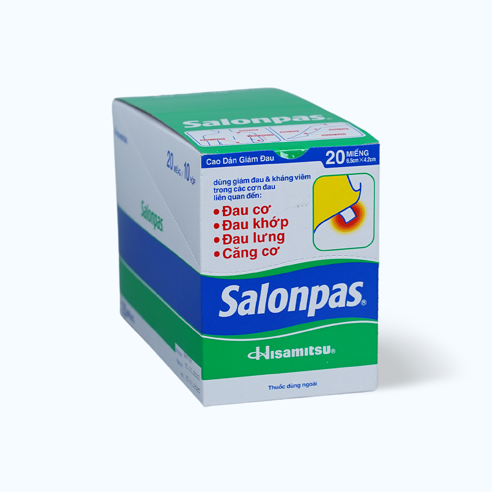 Cao dán Salonpas 6.5cmx4.2cm dùng giảm đau, kháng viêm trong các cơn đau (2 gói x 10 miếng)
