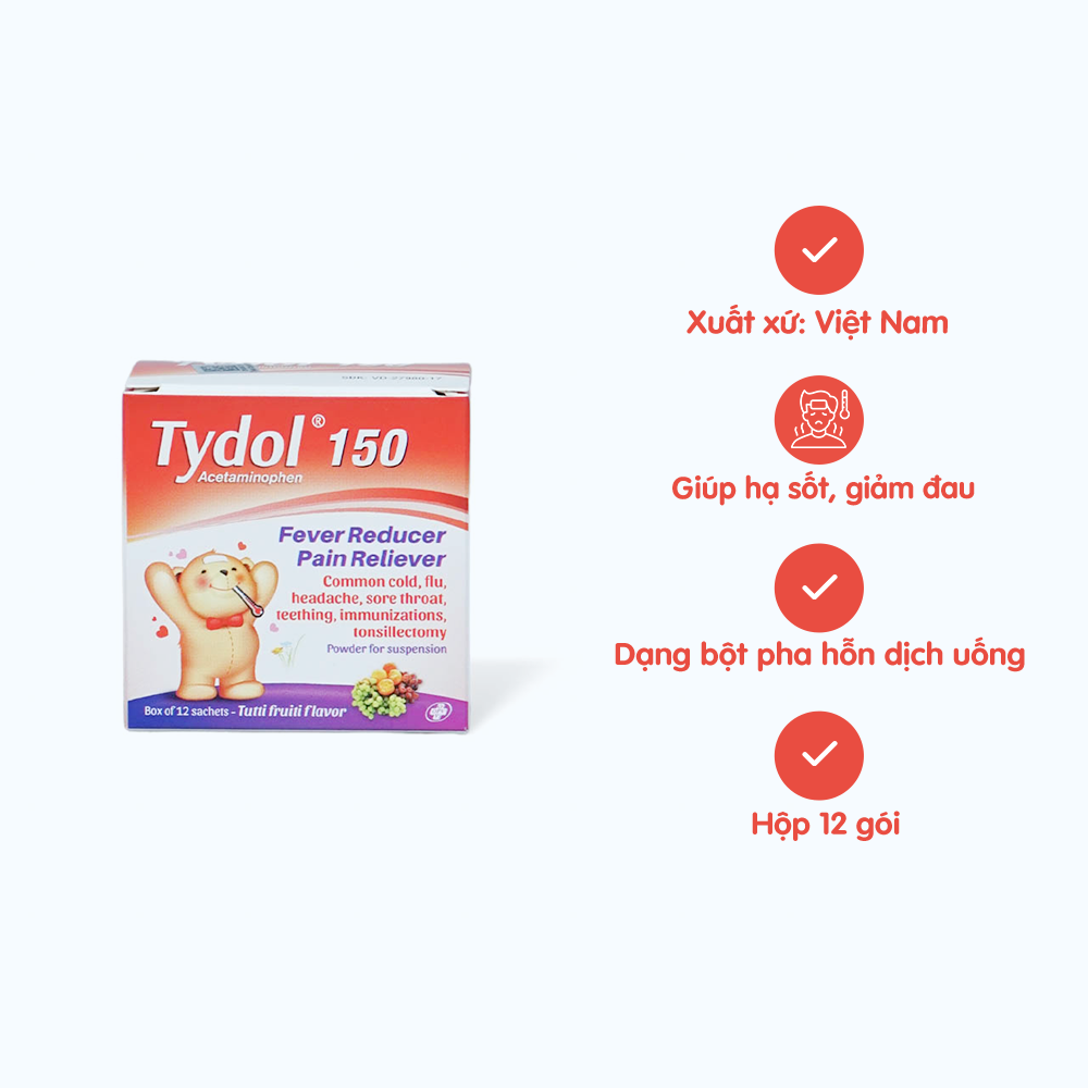 Bột pha uống Tydol 150mg giảm đau từ nhẹ đến vừa và hạ sốt (hộp 12 gói)