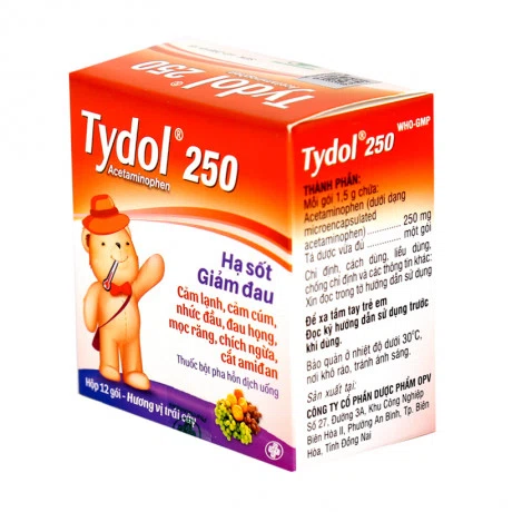 Gói bột Tydol 250mg giảm đau từ nhẹ đến vừa và hạ sốt (hộp 12 gói)