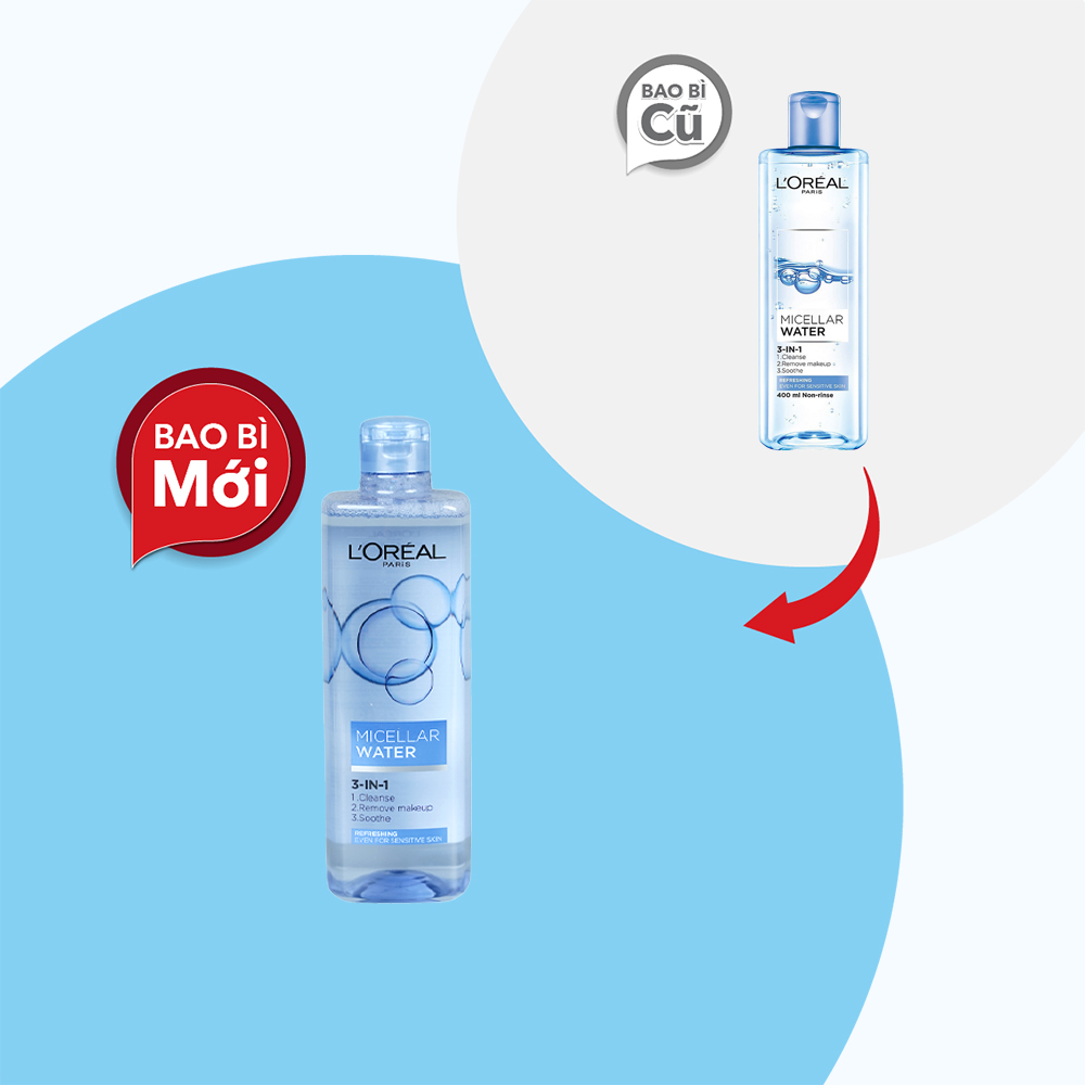 Nước Tẩy Trang L'OREAL Micellar Water 3-in-1 Refreshing Even For Sensitive Skin Tươi Mát Cho Da Dầu, Hỗn Hợp (Chai 400ml)