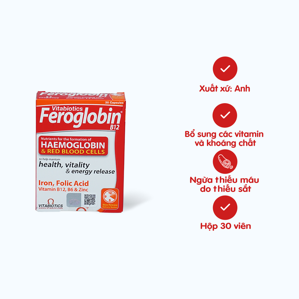 Viên uống Feroglobin B12 Vitabiotics hỗ trợ tăng khả năng tạo máu, tăng cường sức khỏe (Hộp 30 viên)