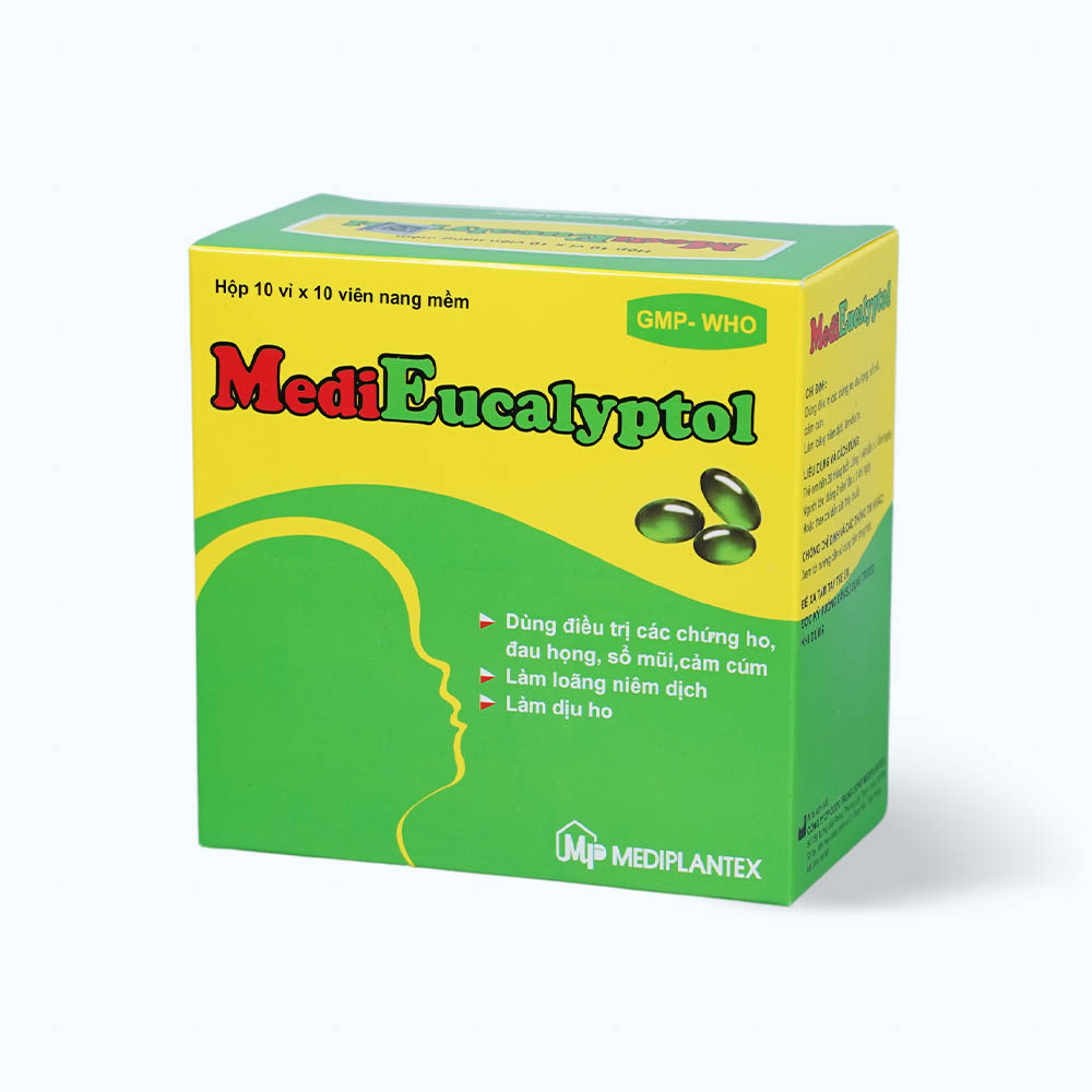 Viên nang Medi Eucalyptol Oval điều trị các chứng ho, đau họng, sổ mũi, cảm cúm (10 vỉ x 10 viên)