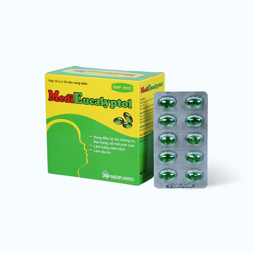 Viên nang Medi Eucalyptol Oval điều trị các chứng ho, đau họng, sổ mũi, cảm cúm (10 vỉ x 10 viên)