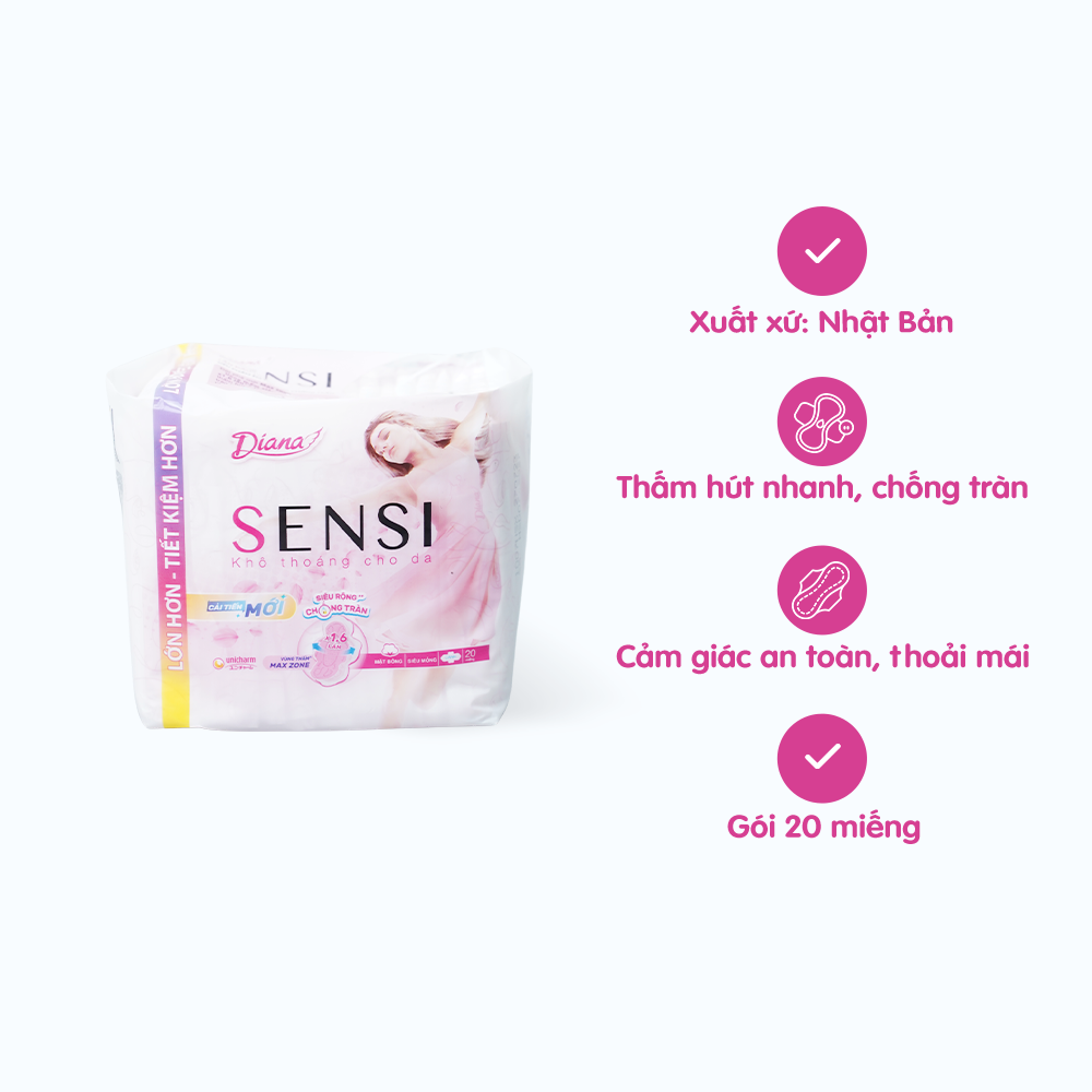 Băng vệ sinh Diana Sensi kháng khuẩn siêu mỏng cánh (20 miếng/gói)