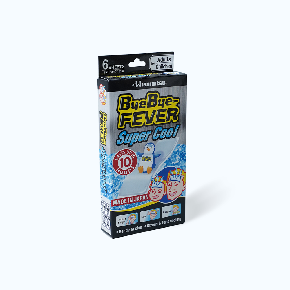 Miếng dán hạ sốt BYE BYE - FEVER Super Cool giúp làm mát lạnh nhanh, kéo dài 10 giờ (6 miếng)