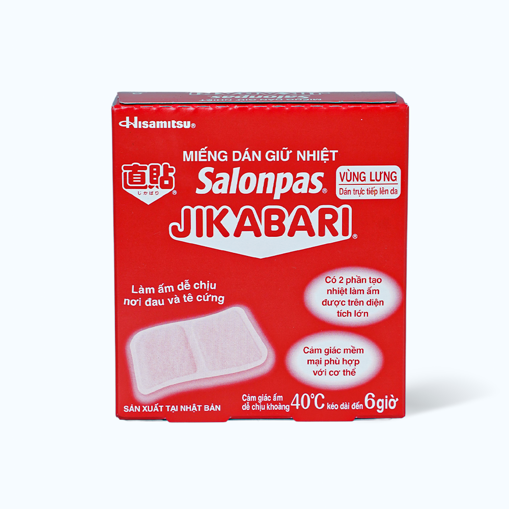 Miếng dán giữ nhiệt SALONPAS Jikabari Hisamitsu làm ấm dễ chịu nơi đau và tê cứng kéo dài đến 6 giờ (Hộp 8 miếng)