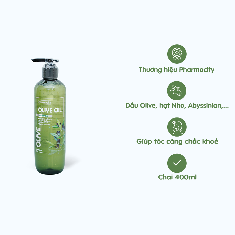 Dầu gội Pharmacity Olive Oil phục hồi, giảm khô tóc (Chai 490ml)