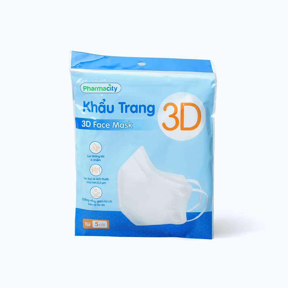 Khẩu trang 3D chất lượng cao Pharmacity lọc bụi mịn, giảm tia UV, và bảo vệ làn da(5 cái/gói)