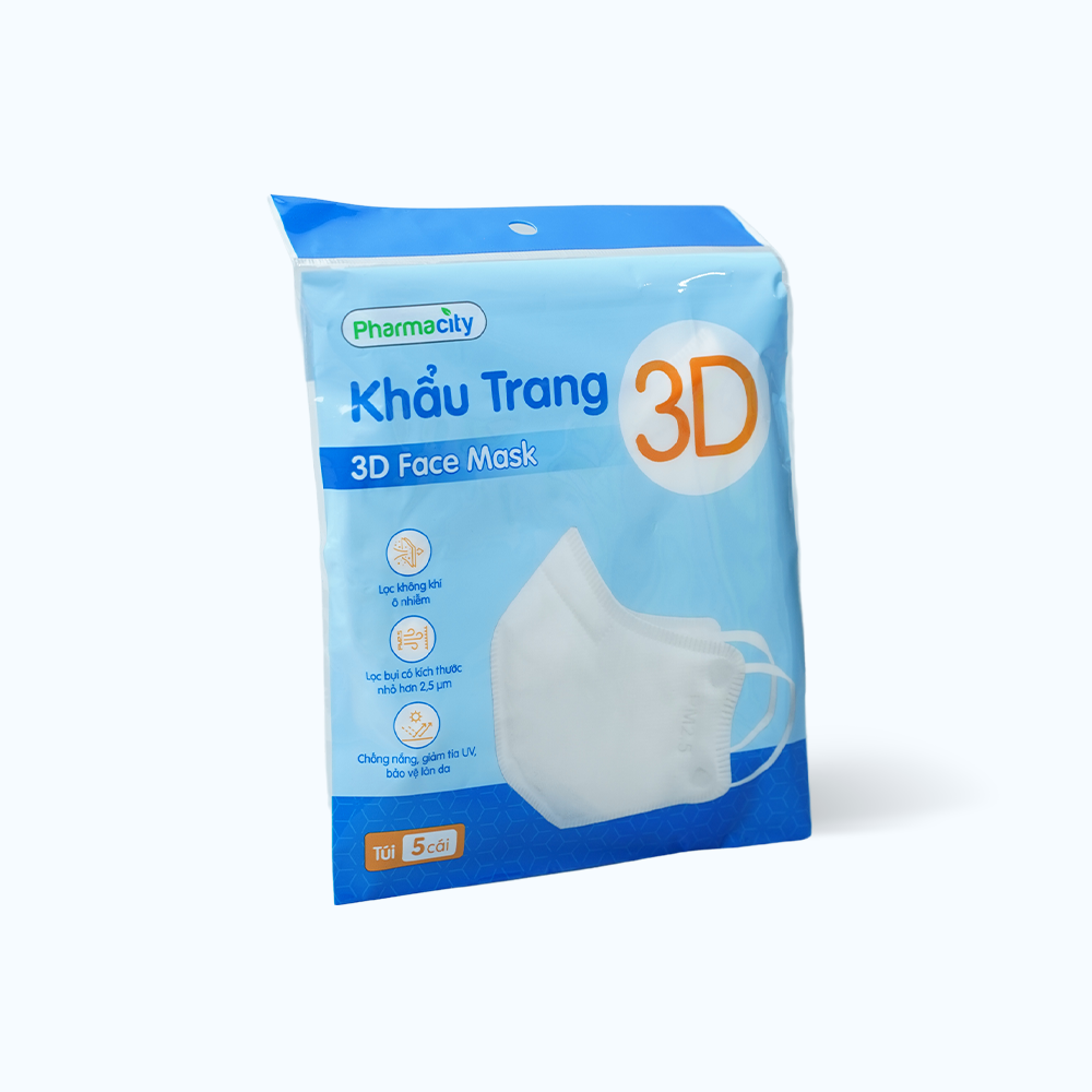 Khẩu trang 3D chất lượng cao Pharmacity lọc bụi mịn, giảm tia UV, và bảo vệ làn da(5 cái/gói)