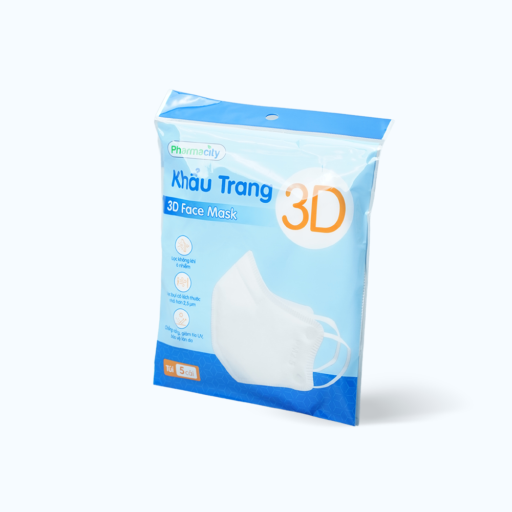 Khẩu trang 3D chất lượng cao Pharmacity lọc bụi mịn, giảm tia UV, và bảo vệ làn da(5 cái/gói)