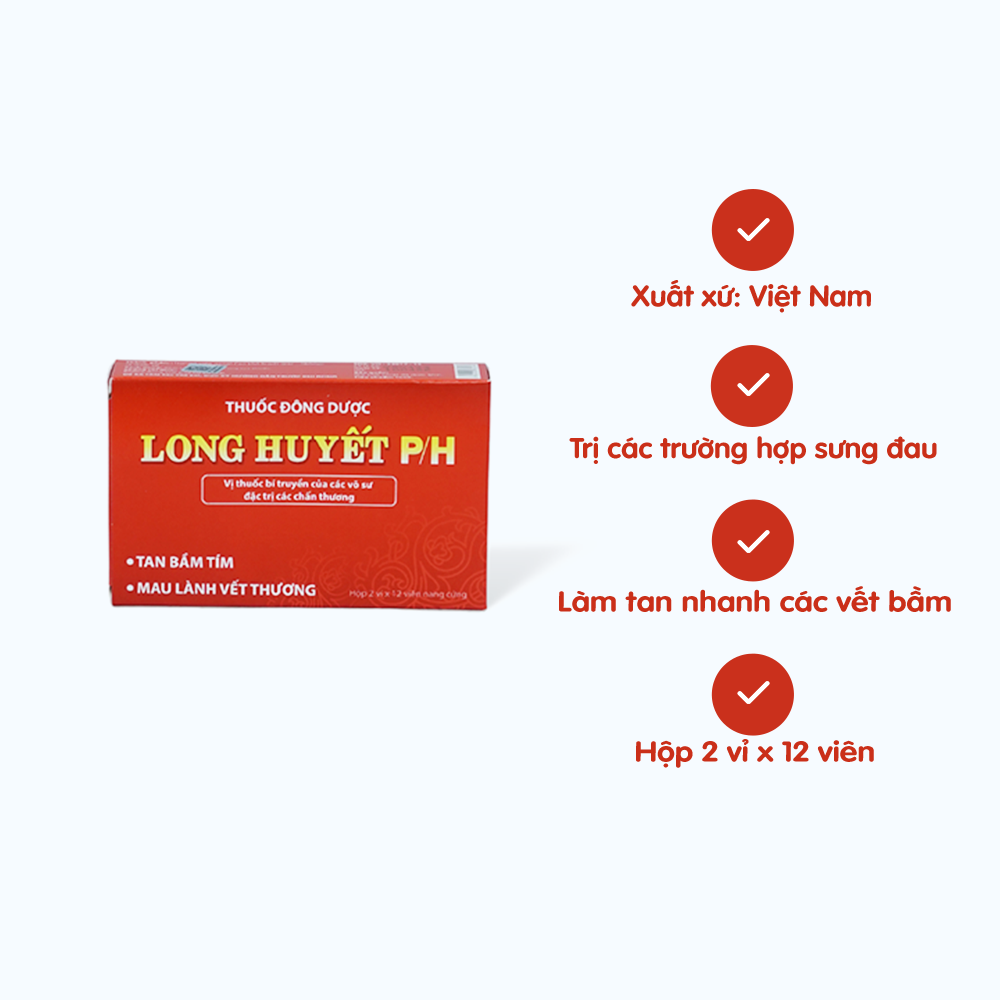 Viên nang Long Huyết P/H điều trị sưng đau, bầm tím, phù nề, chấn thương do va đập (2 vỉ x 12 viên)