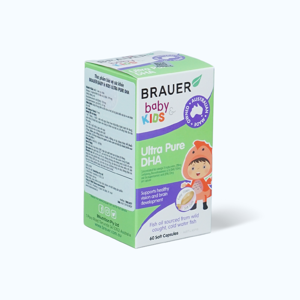 Viên uống BRAUER Baby & Kids Ultra Pure DHA hỗ trợ phát triển não bổ, sức khỏe cho mắt cho trẻ từ 7 tháng tuổi (Hộp 60 viên)
