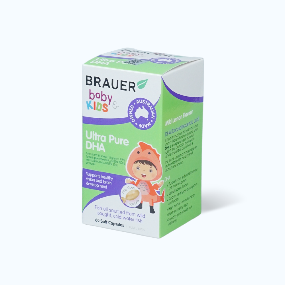 Viên uống BRAUER Baby & Kids Ultra Pure DHA hỗ trợ phát triển não bổ, sức khỏe cho mắt cho trẻ từ 7 tháng tuổi (Hộp 60 viên)