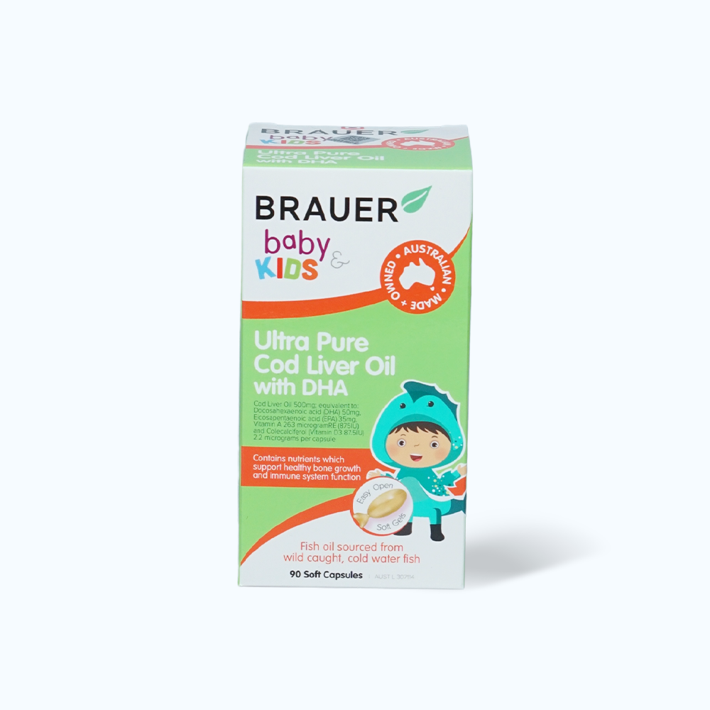 Viên uống BRAUER Baby & Kids Ultra Pure Cod Liver Oil with DHA cho trẻ từ 1 tuổi (90 viên)
