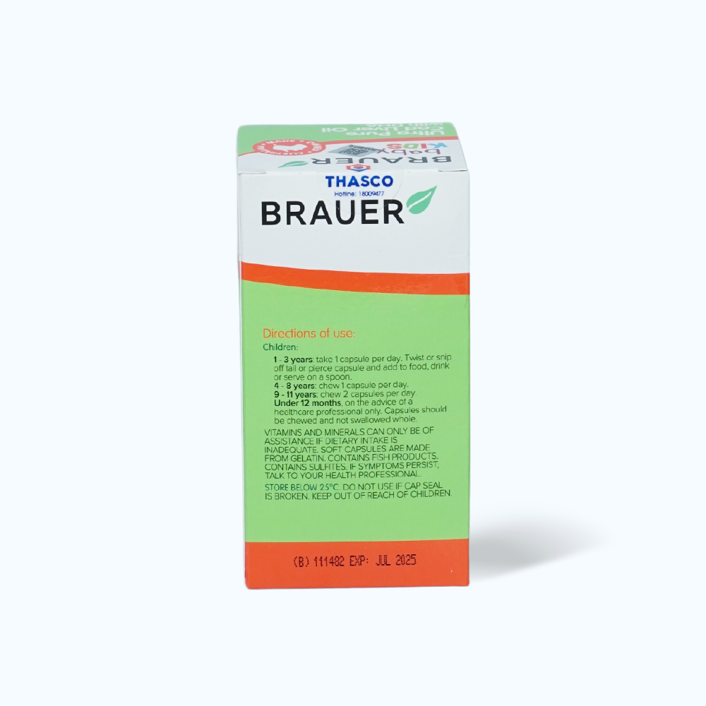 Viên uống BRAUER Baby & Kids Ultra Pure Cod Liver Oil with DHA - Bổ sung DHA tinh khiết từ gan cá Tuyết hỗ trợ sức khỏe của mắt, da và sự phát triển xương cho trẻ từ 1 tuổi (Hộp 90 viên)