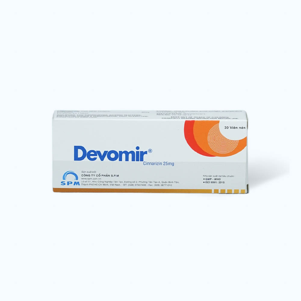 Viên nén Devomir 25mg điều trị chóng mặt, đau nữa đầu, say tàu xe (3 vỉ x 10 viên)