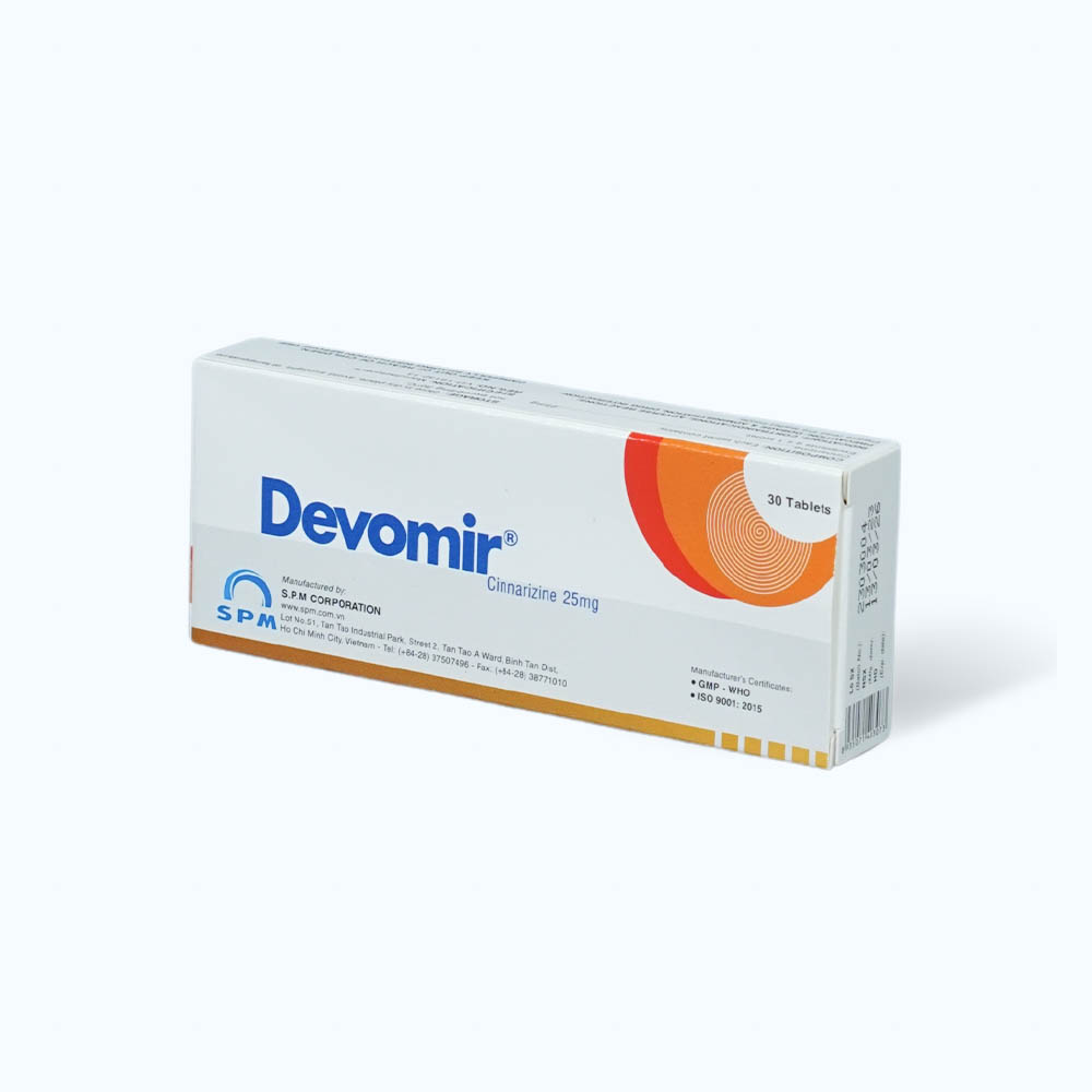 Viên nén Devomir 25mg điều trị chóng mặt, đau nữa đầu, say tàu xe (3 vỉ x 10 viên)