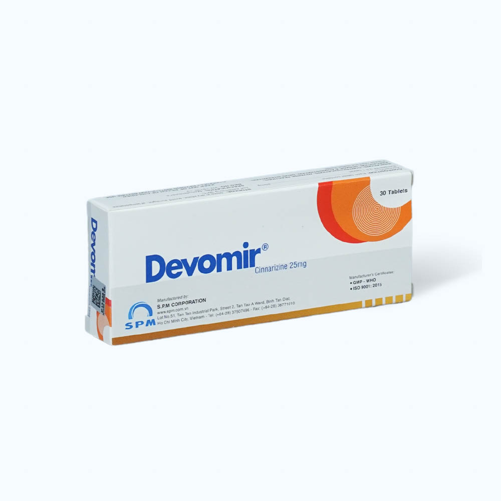 Viên nén Devomir 25mg điều trị chóng mặt, đau nữa đầu, say tàu xe (3 vỉ x 10 viên)